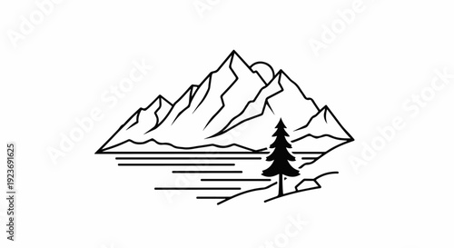 Minimalist mountain range with a lake and a lone pine tree