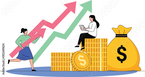 Business growth and financial success illustration with rising arrow, money bag and coins, investment profit concept vector isolated 