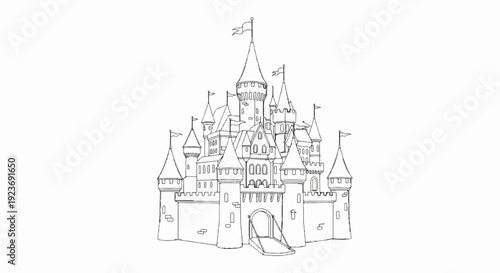 Ornate fairytale castle with flags, turrets, and a drawbridge