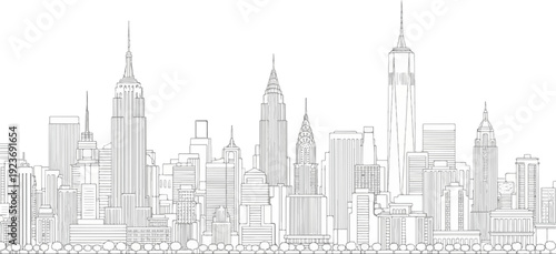 Minimalist outline drawing of a bustling city skyline with iconic tall buildings