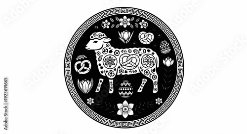 Ornate black and white circular design featuring a sheep adorned with floral patterns and pretzels