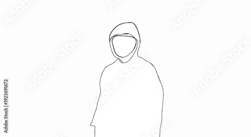 Minimalist outline drawing of a person in a hooded garment