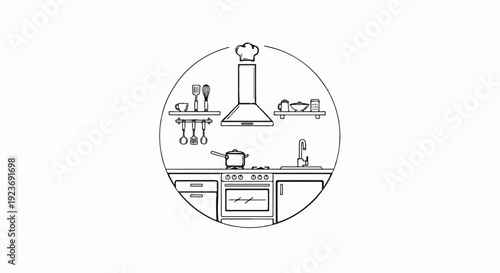 Minimalist outline of a kitchen with stove, sink, and cooking utensils