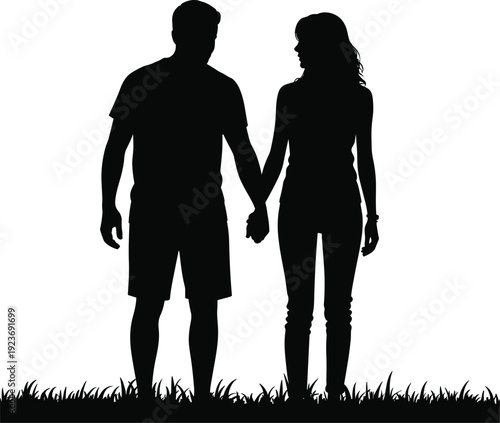 Silhouette illustration of two people standing on grass holding hands, symbolizing companionship, unity, friendship, and connection, ideal for lifestyle, branding, and creative projects