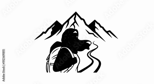 Person with backpack walking on a winding path towards mountain peaks