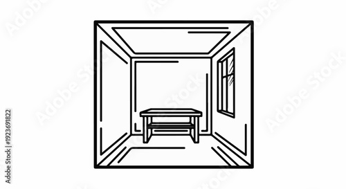 Minimalist room interior with a window and a wooden table