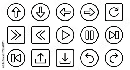 Navigation Arrows and Media Player Controls Outline Icon Set