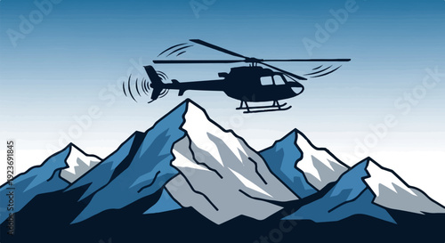 Silhouette of a helicopter flies over snow-capped mountains under a gradient sky