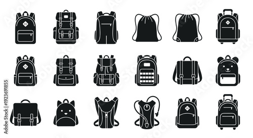 Backpack and bag icon set. Black silhouette vector illustration of school and travel bags