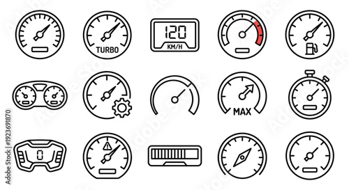 Speedometer and Car Dashboard Gauge Outline Icon Set
