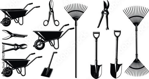 Black vector silhouettes of garden tools set, wheelbarrows, shovels, rakes, and pruning shears isolated on white background for gardening and landscaping.