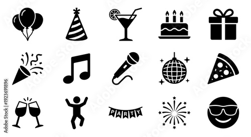 Party Celebration and Birthday Event Solid Glyph Icon Set