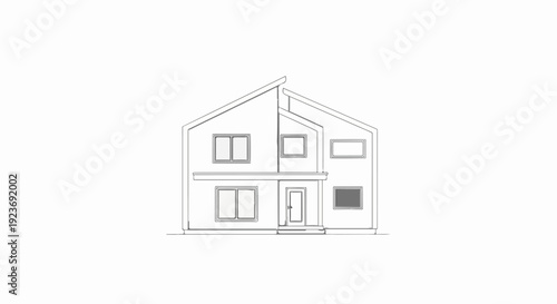 Minimalist two-story house with angled roofline and multiple windows