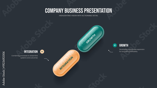 Company Briefing Two Option Diagram Slide Design. Creative Proposal 2 Step Infographic Frame Template. Corporate Performance Slideshow Layout Vector Illustration.