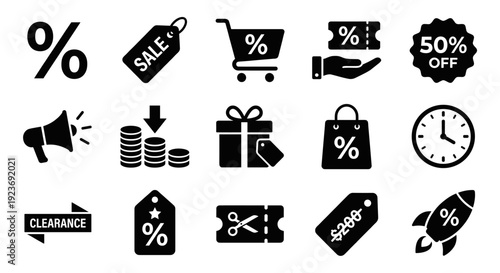 Sale, Discount and Shopping Silhouette Icon Set