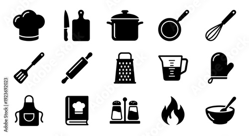 Kitchen Utensils and Cooking Tools Silhouette Icon Set