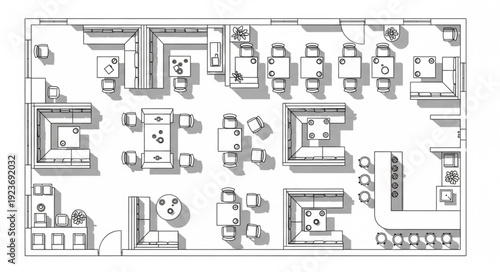 Detailed architectural floor plan of a restaurant with tables and seating arrangements.