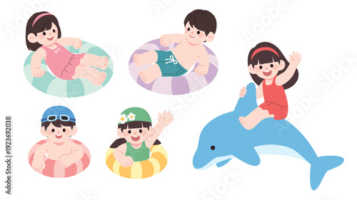 Set of kids in swimwear enjoying summer water activities and pool party