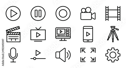 Multimedia and Video Player Interface Line Icon Set