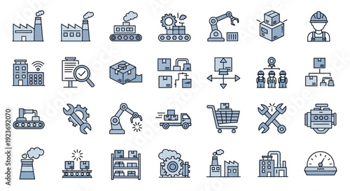 Industrial icons representing manufacturing logistics and factory automation