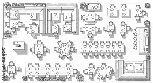 Restaurant layout with tables and chairs, top-down view, dining area plan.