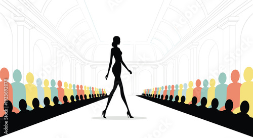 A silhouette of a female model confidently walks down a brightly lit fashion runway with a colorful audience on both sides.