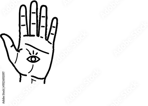 Simple line drawing of an open palm with palmistry lines and an all-seeing eye