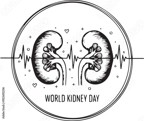 World Kidney Day emblem illustration with kidneys ECG line hearts stars health awareness campaign prevention vector design