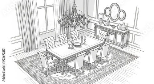 Elegant dining room showcasing a beautifully set table and chairs, with chandelier.