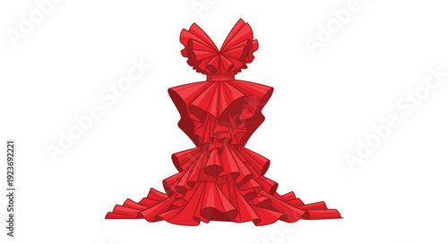 A striking illustration depicts an elaborate red gown with intricate pleats and ruffles forming a sculptural dramatic silhouette.