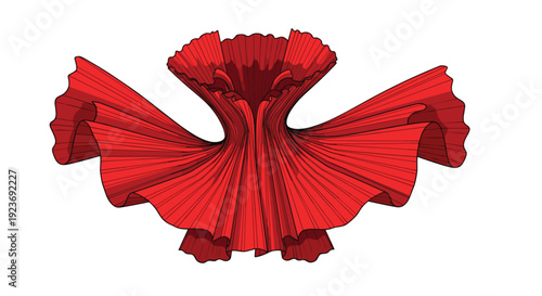 A detailed illustration shows a vibrant red fabric with intricate pleats and ruffles creating a dramatic voluminous shape.