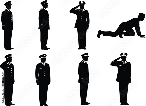 Black silhouettes of military officers in uniform saluting standing at attention and crawling isolated on white background for patriotic designs