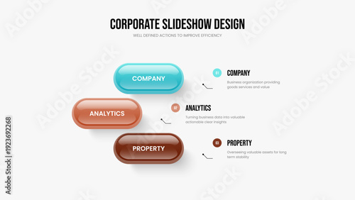 Service Report Slide Design Vector Illustration. Consulting Visualization Three Element Infographic Presentation Template. Financial Strategy 3 Step Diagram Slideshow Layout.