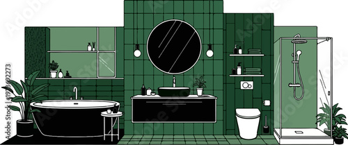 Modern green bathroom with freestanding tub, floating vanity, shower