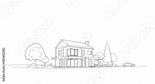 Modern house with trees and a car, sketched style