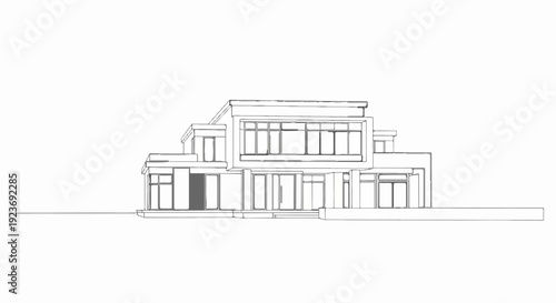 Modern house architectural sketch with large windows and multi-level design