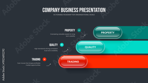 Product Growth Three Step Diagram Slide Design. Project Development Slideshow Template Vector Illustration. Sales Report 3 Option Infographic Presentation Layout.