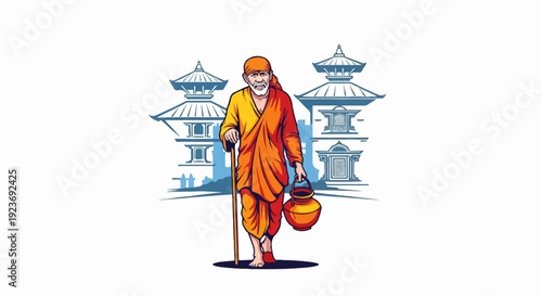 Monk in orange robes with a staff and pot walks past pagodas