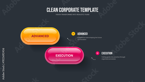 Business Introduction Two Step Infographic Presentation Template. Market Report Slideshow Design Vector Illustration. Advertising Launch 2 Element Diagram Slide Layout.