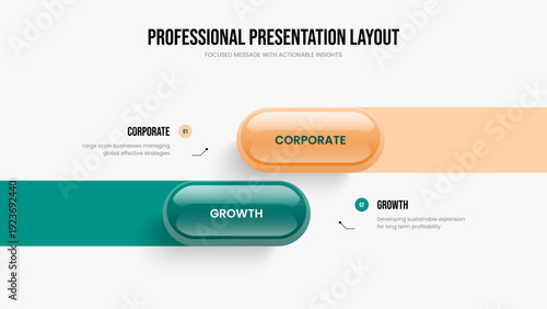 Business Visualization 2 Step Diagram Slideshow Design. Digital Launch Slide Template Vector Illustration. Advertising Introduction Two Option Infographic Presentation Layout.
