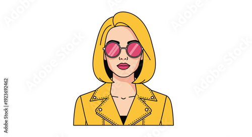 A blonde woman in a yellow leather jacket and pink round sunglasses looks directly at the camera with a neutral expression.