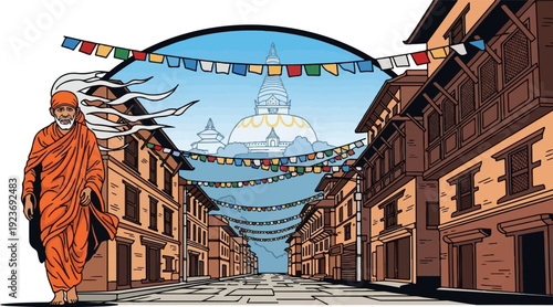 Monk walking down a street with colorful prayer flags and a stupa