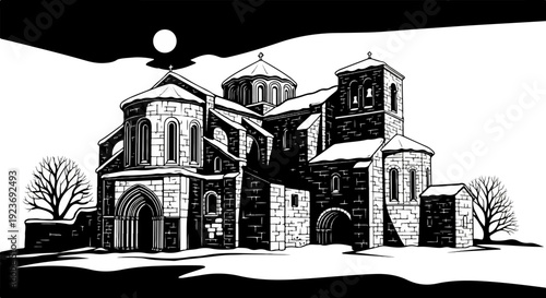 Monochromatic winter scene of a stone church with a moonlit sky and bare trees