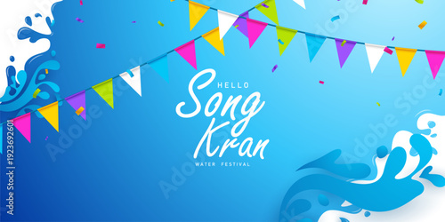 Thai Songkran Festival banner featuring festive celebrations for the traditional Thai New Year. Vector poster.
