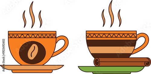 Coffee and Tea Cup Vector Set with Roasted Coffee Bean Cinnamon Stick Saucer and Steam Isolated on White Background