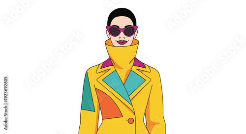 A woman wearing a unique yellow trench coat with colorful geometric patches and pink cat-eye sunglasses smiles.