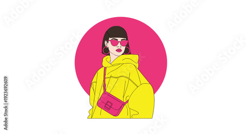 A young woman in a yellow hoodie, pink crossbody bag, and pink sunglasses poses against a bright pink circle.