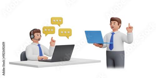 3D Customer Support and Online Consultation Concept with Business People Using Laptop and Headset Communication Service Vector Illustration for Helpdesk and Assistance