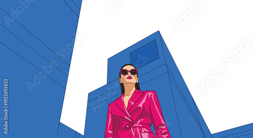 A woman in a shiny pink trench coat and sunglasses looks up dramatically against an abstract blue building backdrop.