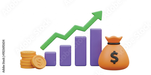 3D Financial Growth and Profit Illustration with Rising Bar Chart Arrow, Stacks of Gold Coins, Money Bag Full of Dollars for Business Success, Investment Return, Wealth Increase, Stock Market Rise